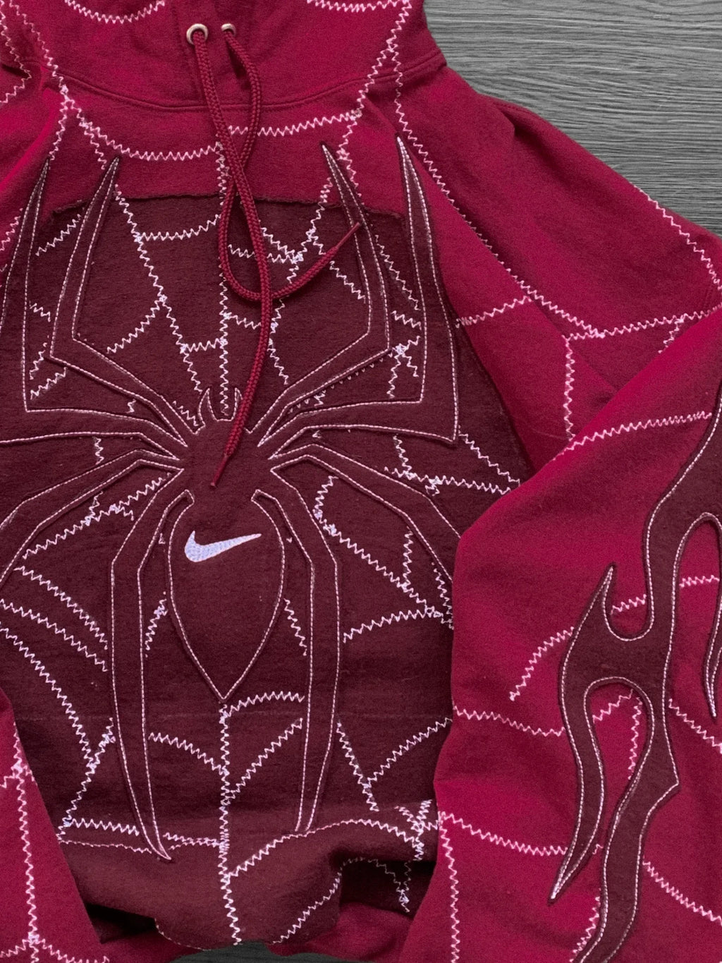 Spider Stitch Oversized Hoodie Crimson - Sleeve flame detail