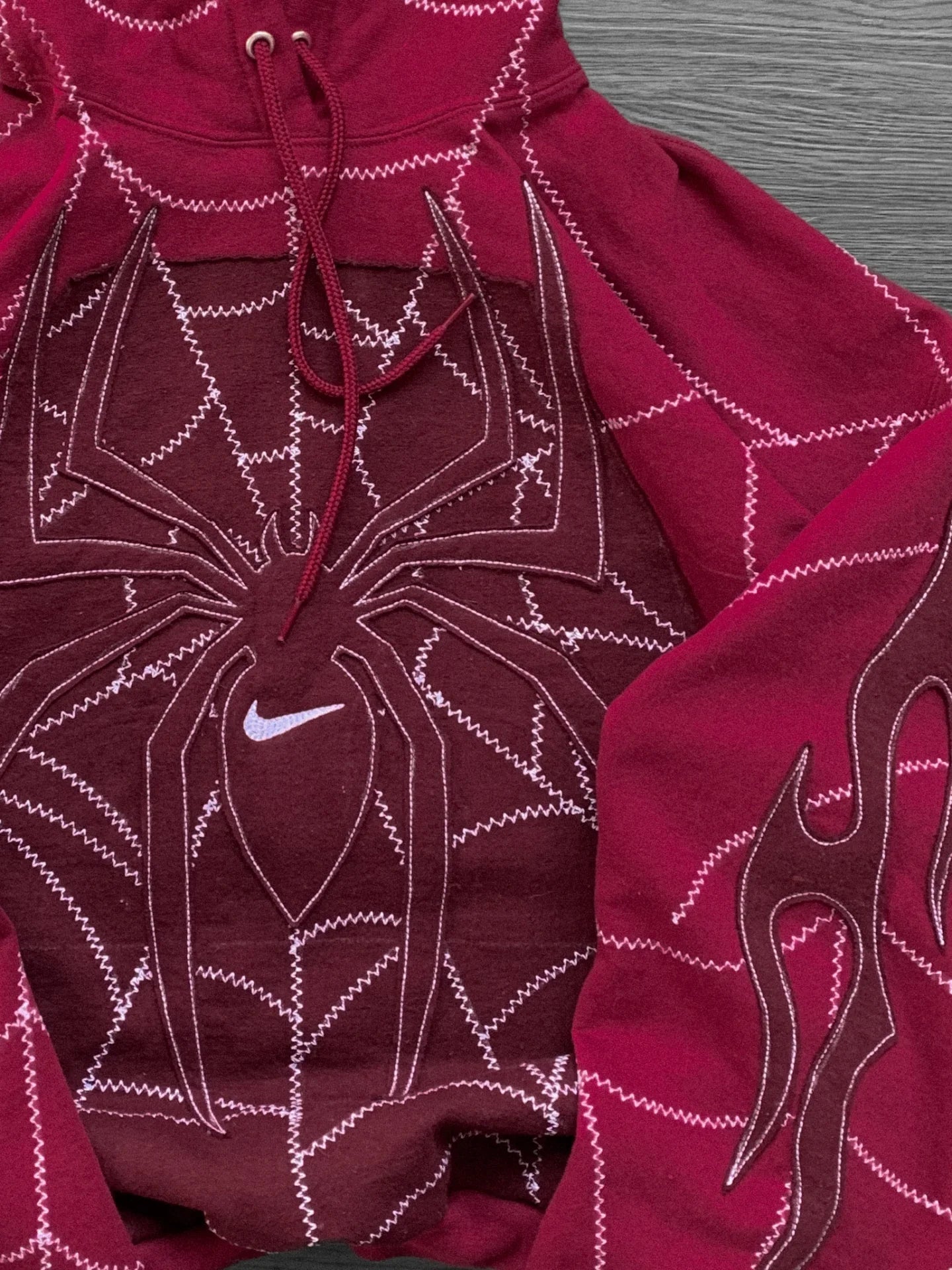 Spider Stitch Oversized Hoodie Crimson - Sleeve flame detail