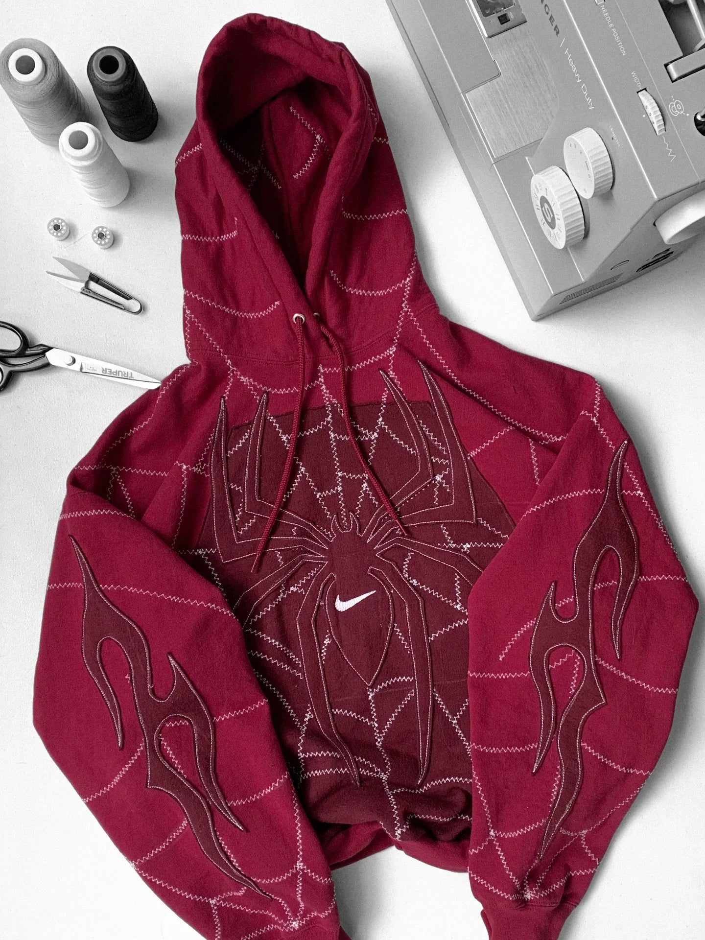 Spider Stitch Oversized Hoodie Crimson - Flatlay with thread detail